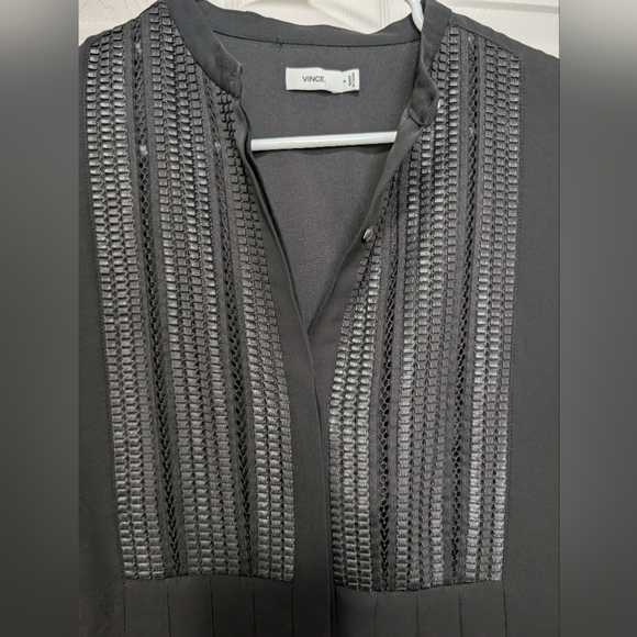 Vince Size 8, 100% Silk, Black Long‎ Sleeve Dress, Button Down, Lattice Bib - Picture 3 of 13